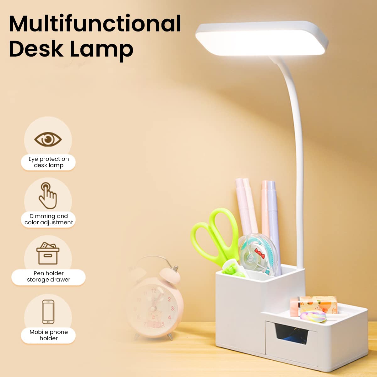 ELEPHANTBOAT Table Lamp for Study LED Light 2500mAh with Dual Pen Holder Flexible Gooseneck Night Study Lamp for Students Multifunction with Phone Stand and Storage Reading Lamp