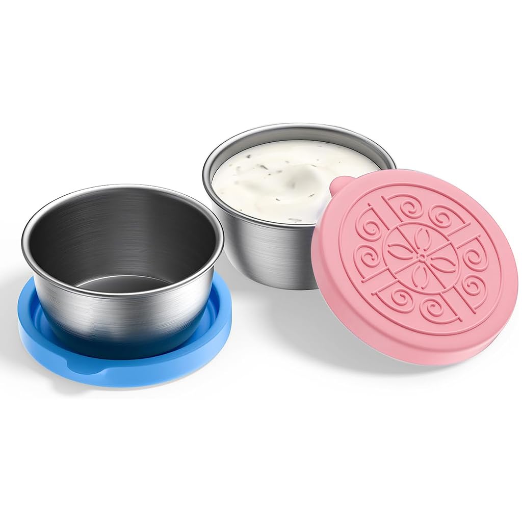 HASTHIP Salad Dressing Containers for Lunch and Travel with Leakproof Silicone Lids 40ml Stainless Steel Cups | Pink and Blue Reusable Set