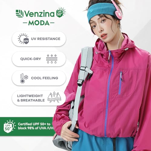 Venzina® Women's Athletic Workout Running Track Full Zip Cropped Jackets UPF 50+ Sun Protection Stand Collar Gym Shirts, Hot Pink, M