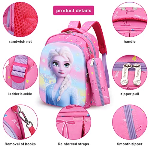 PALAY® Small Backpack for Girls with Pencial Case Pink Elsa Princess Print Waterproof School Backpack for Girls School Bag for Girls Kids for 3-5