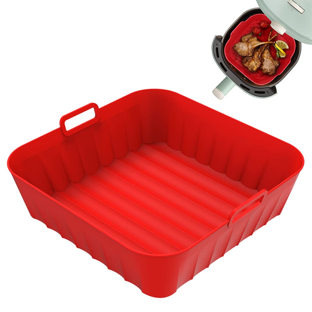 HASTHIP® Air Fryer Silicone Baking Tray, 8.2 Inch Non-Stick Silicone Air Fryer Liners for 4-7QT, Reusable Square Air Fryer Oven Pot with Anti-Scalding Handles, Food Safe Air Fryers Accessories (Red)