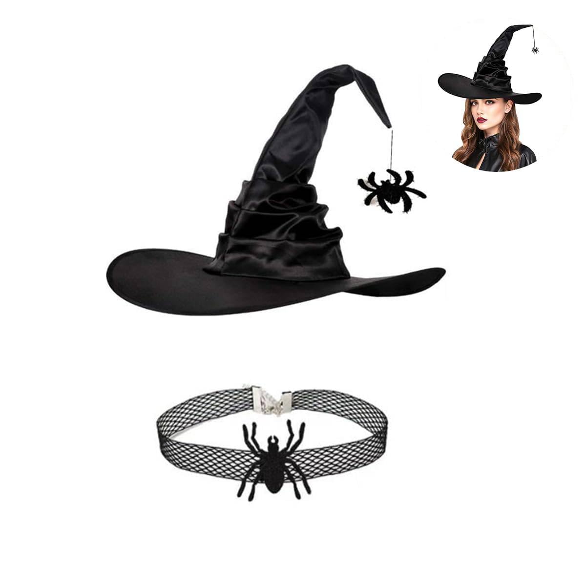 PATPAT Witch Hat and Choker Set for Halloween Cosplay featuring Spider Charm | Women and Girls Dress Up Accessory