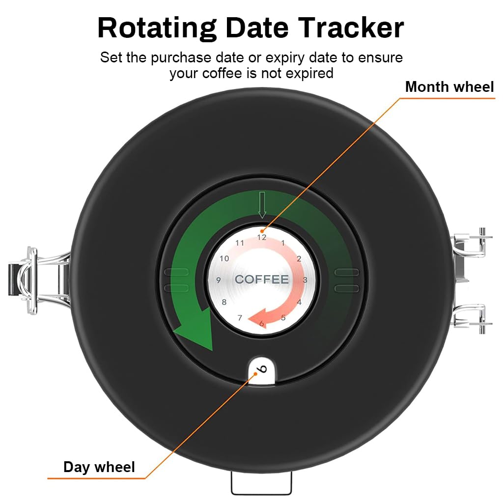 Supvox Coffee Bean Canister 1.8L with Airtight Seal and Built in Date Tracker | 304 Stainless Steel Kitchen Storage