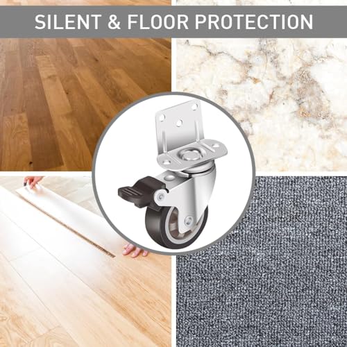 HASTHIP® 8Pcs 2-Inch Swivel Caster Wheels Heavy Duty Set, Rubber Locking Casters, 1200lbs Load, Silent Rolling, Double Ball Bearings, Universal for Furniture, Baby Bed, Kitchen, Cabinet, Trolley