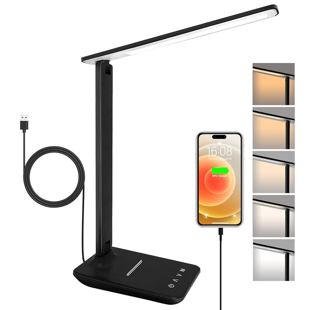 ELEPHANTBOAT® Desk Lamp LED Dimmable Eye Protection,Desk Lamp with 5 Colours and 5 Brightness Levels,Table with USB Charging Port Touch Control for Children Bedrooms Reading Offices (Black)