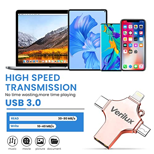 Verilux® 4 in 1 Flash Drive 64GB USB with Lightning Micro Type-C Interface Mini Hangable Compatible with Phone Pad Android PC and More Devices Rose Golden 2 PCS