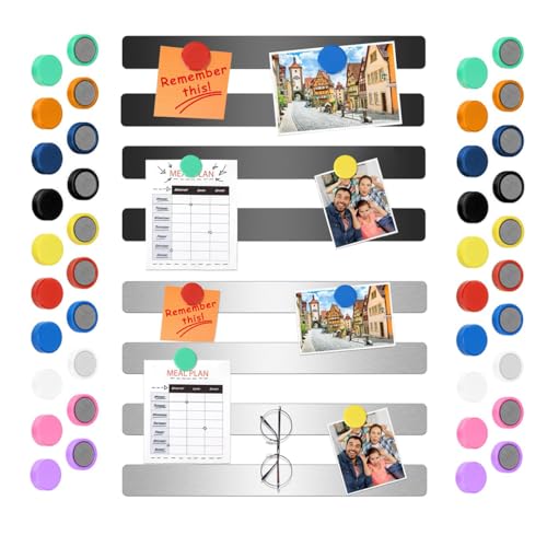 Climberty® 8 Pack Magnetic Board for Wall Stainless Steels Message Board Strip with 40 Pcs Color Magnets Self Adhesive Backing Bulletin Bar Boards for Home, Office, Photo Wall, Fridge - Black&Silver