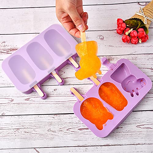 HASTHIP® Cartoon kulfi Ice Cream Mold, Popsicle Mould Silicone, 2 Pieces in 6 Slots, with 100 Wooden Sticks, Reusable, Ice Cream Popsicle Maker, Easy Release