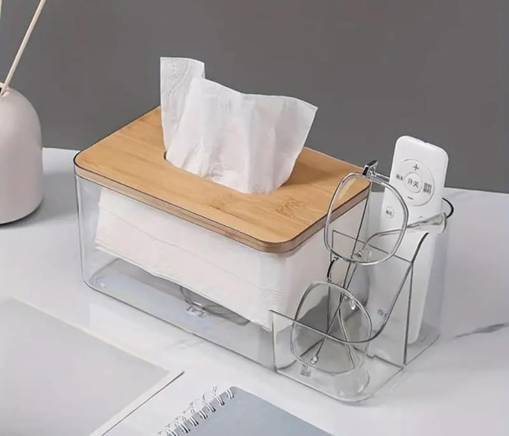 HASTHIP® Tissue Paper Dispenser Box, 2 in 1 Clear Desk Tissue Paper Dipenser Case with Wooden Lid Desk Organizer Remote Holder, 30.5x11.7x9.8cm