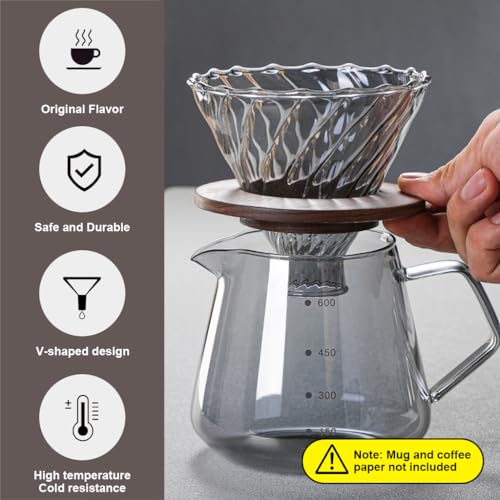 Supvox® Glass Coffee Dripper with Spiral Ridges High Borosilicate Pour-Over Set Bamboo Stand, Easy-Grip Handle Premium Coffee Accessories Set 2PCS Gift for Coffee Lovers