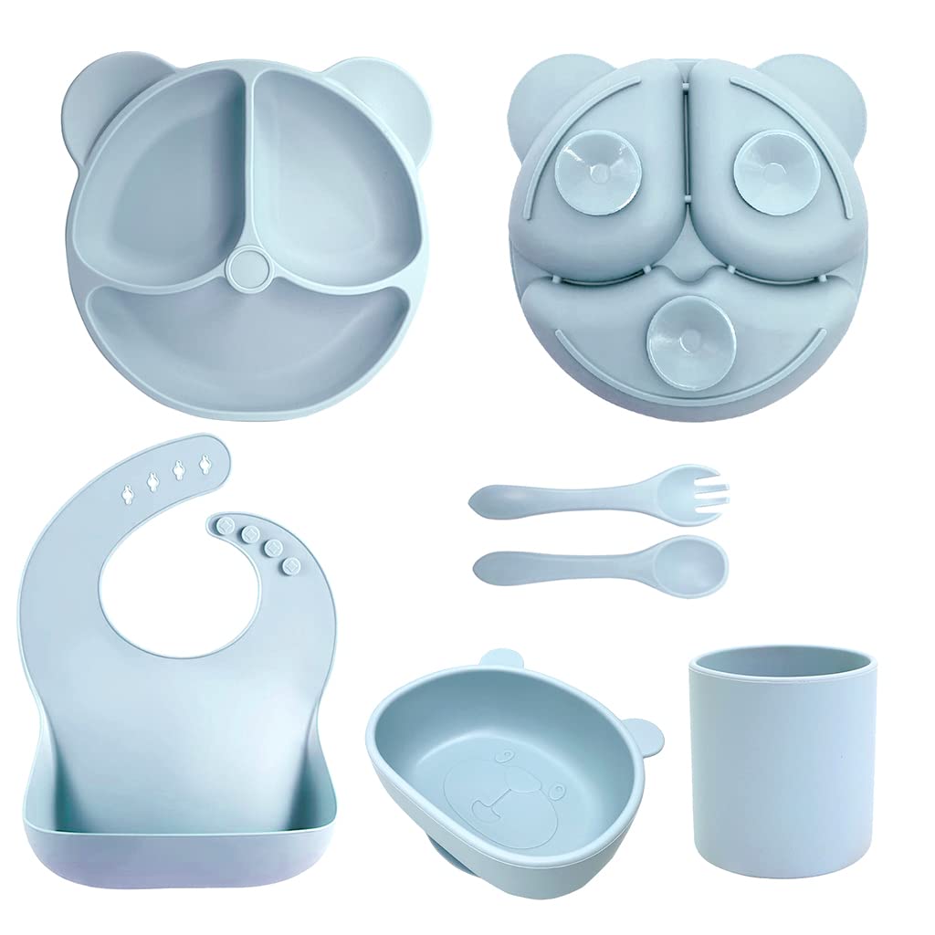 SNOWIE SOFT® 6Pcs Silicone Solid Tableware Kit For Baby, Foodgrade Silicone Tableware Kit With Suction Plate & Bowl Cup Spoon Fork And Bib, Bpa-Free Dishwasher & Microwave Safe Baby Product