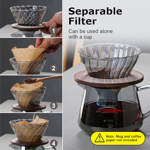 Supvox® Glass Coffee Dripper with Spiral Ridges High Borosilicate Pour-Over Set Bamboo Stand, Easy-Grip Handle Premium Coffee Accessories Set 2PCS Gift for Coffee Lovers