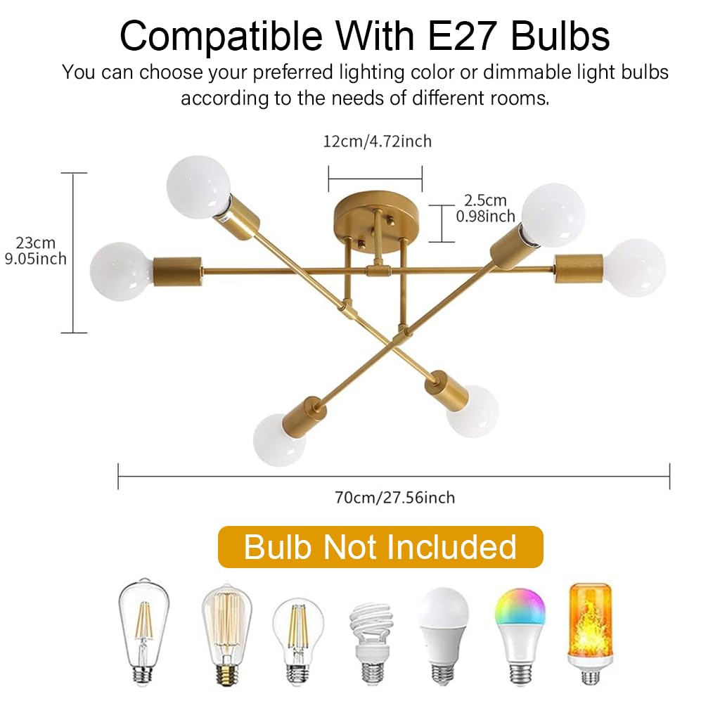 ELEPHANTBOAT® Modern Metal Chandelier Light Fixture, 6-Light Modern Flush Mount Ceiling Light for Living Room, Ceiling Light for Bedroom, Dining Room, Office, E27 Light Bubble Not Included