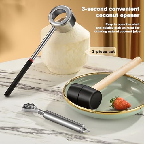 HASTHIP® Set of 3Pcs Coconut Opening Set,Coconut Opening Tools,Opener Stainless Steel Looped-Claw Meat Scraper Punch Hammer with Wooden Handle