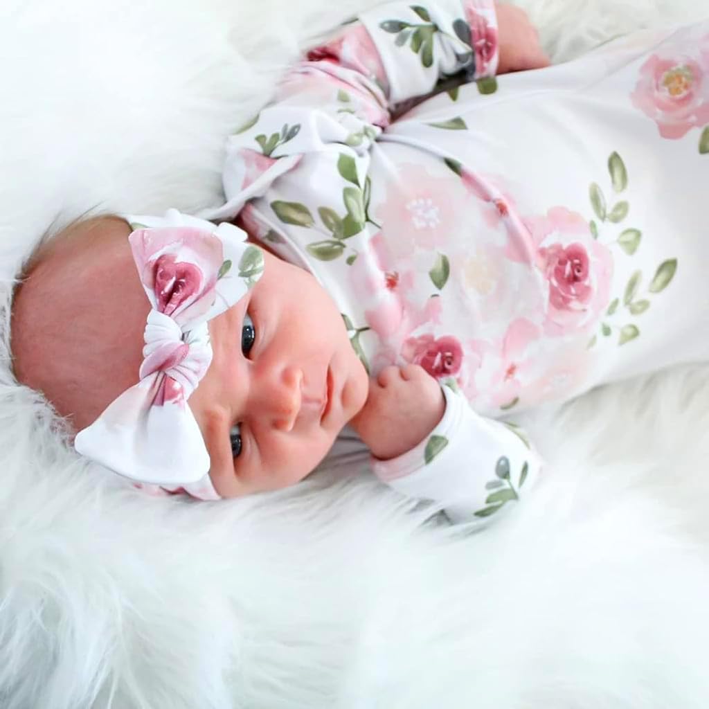 SNOWIE SOFT Swaddle for New Born Baby with Knotted Nightgown and Floral Headband Set | 0–3 Months