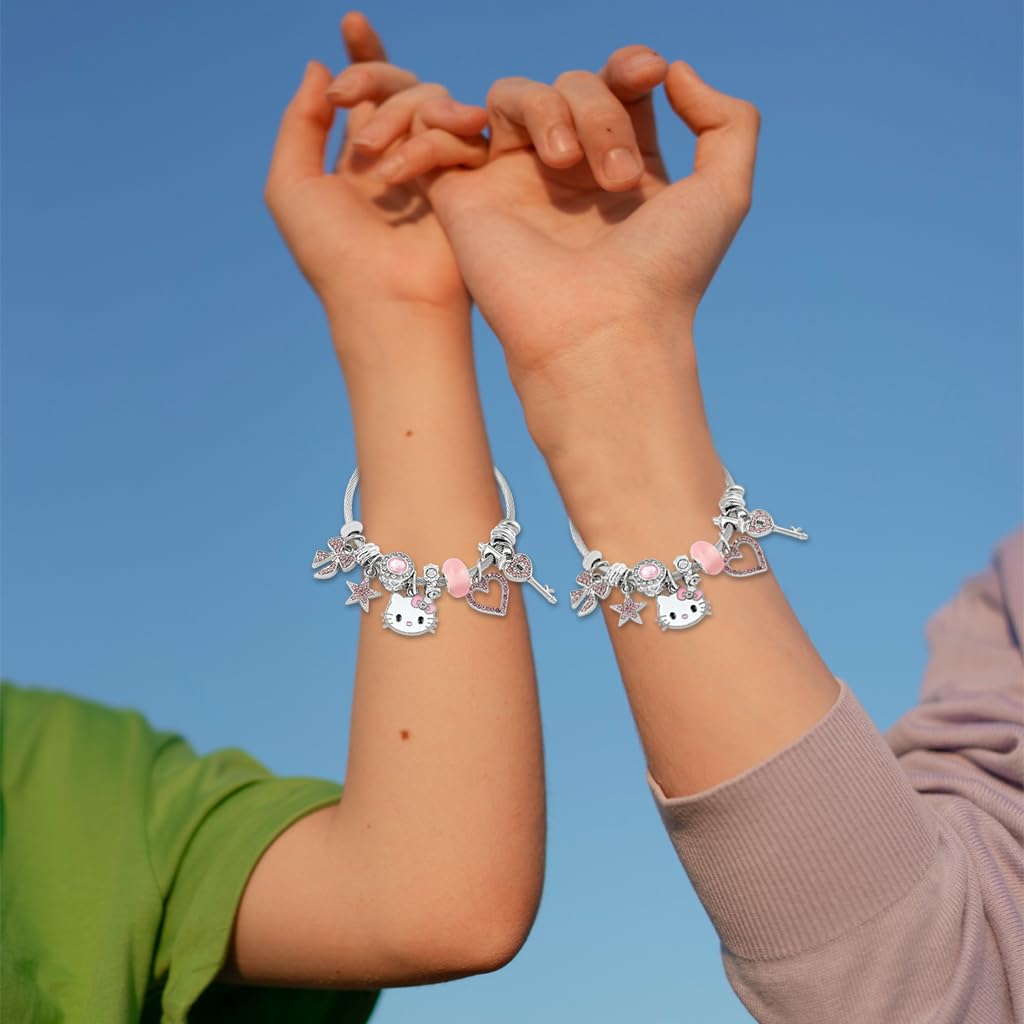 SANNIDHI Kitty Bracelet featuring Pink Rhinestones and Stainless Steel for Girls & Women | Cute Adjustable Bangle Gift