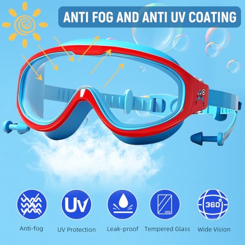 Proberos® Swimming Goggles for Kids 6-12 Years Old Super Hero Joint Payment UV Protection Anti-fog Coated HD with Leak-Proof Integrated Earplugs Adjustable Silicone Head Strap Storage Box 2PCS