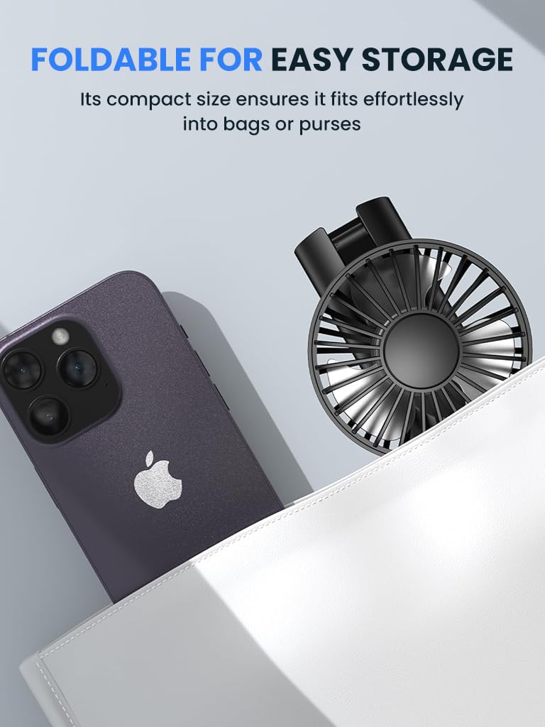 Verilux USB Handheld Fan for Travel and Office with 5000mAh Battery | Detachable Neck Strap