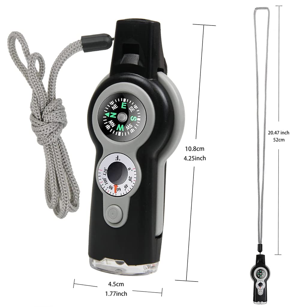 ZIBUYU Safety Whistle Emergency with Lanyard, 7 in 1 Survival Function Whistle Ideal for Sports Coach, Kayaking, Boating, Hiking, Camping, Hunting, Fishing, Rescue Signaling, Grey