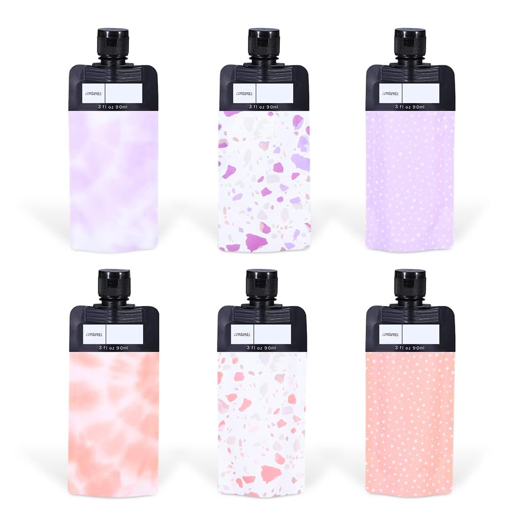 MAYCREATE® 6Pcs Travel Bags 90ml Lotion Dispenser Travel Pouches Leak Proof Empty Squeezeable Pouches with Content Labels Refillable Toiletries Travel Pouches for Lotion Shampoo Cream Essential Oil