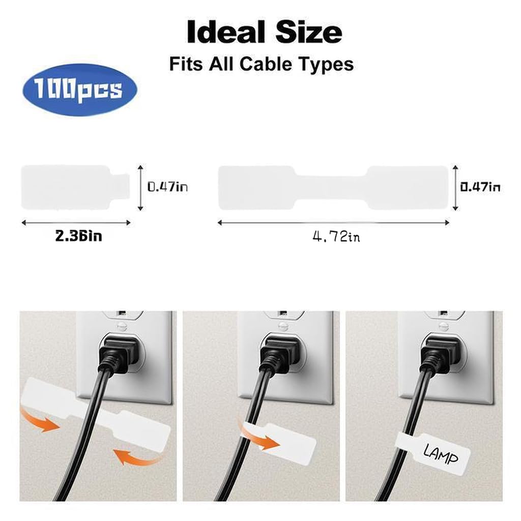 ZIBUYU Self Adhesive Cable Label Stickers for Home and Office with Hook & Loop Design | 100 Pcs Waterproof Writable Nylon Tags 3.54x0.79 in