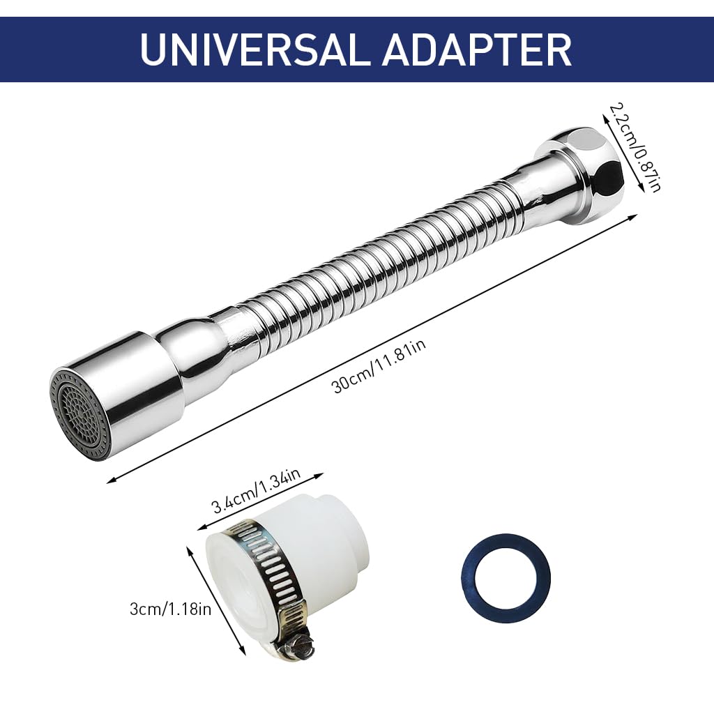 Supvox® Faucet Extender 11.8 '' Stainless Steel Faucet Extender Flexible Angle Adjustment 360° Rotating Kitchen Sink Faucet Extender with Adapter Universal Faucet Extender for Kitchen Bathroom