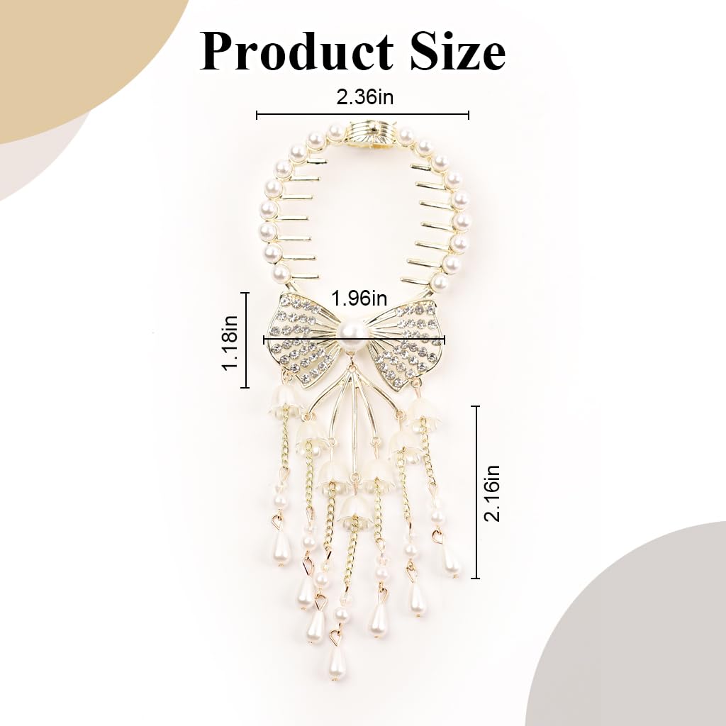 Venzina Hair Bun Accessories for Women with Pearl Tassels and Rhinestone Bow Clip | Elegant Wedding and Party Hairpiece