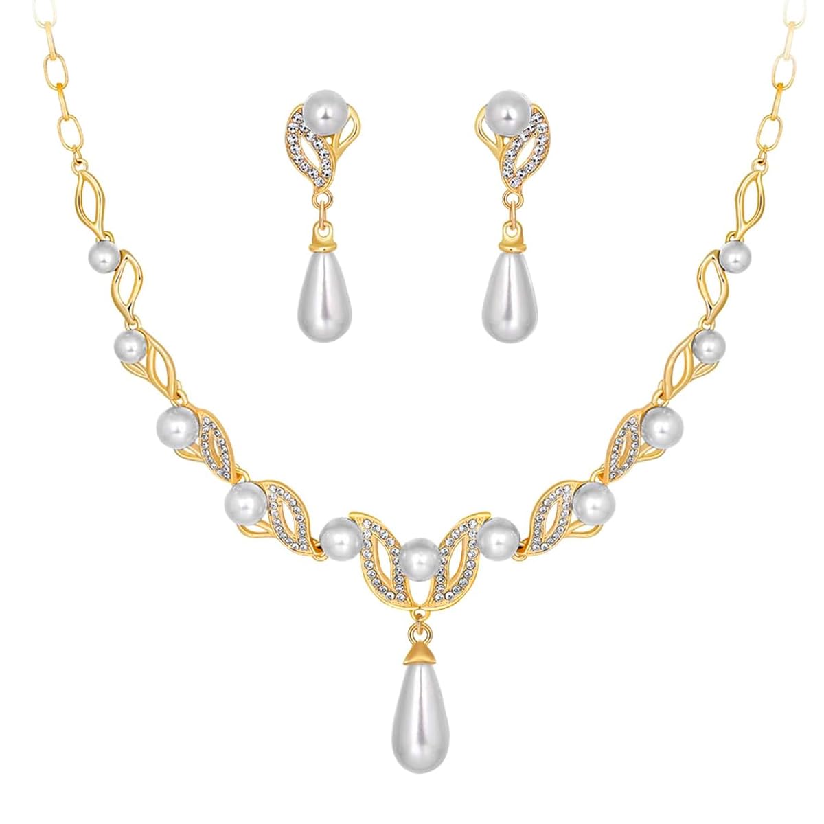 Venzina® Pearl Necklace & Earrings Set Gold Luxury Pearl Necklace Earrings for Women Glamorous Rhinestone Jewelry for Gowns, V Neck Dress, Evening Dresses