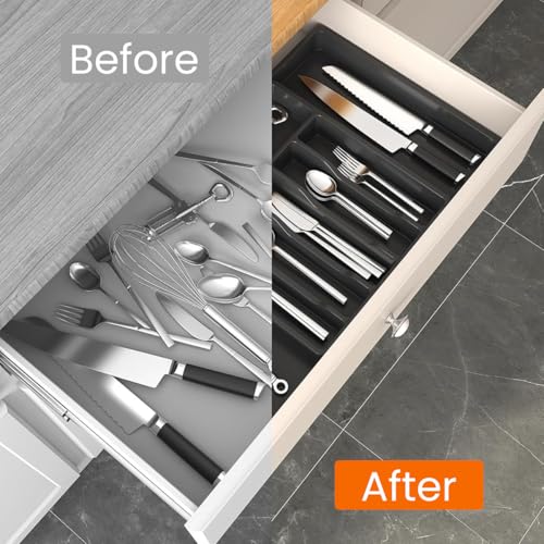 Supvox Kitchen Drawer Divider Organizer Silverware Holder Telescopic Cutlery Organizer Tray PP Silverware Holder for Spoons, Forks, Cutter, Butter Spatulas, 13-22.4 inches Adjustable Width