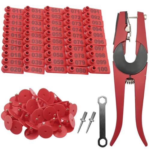HASTHIP Livestock Ear Tag Applicator - Cattle Ear Tags - Animal Ear Tag Pliers - 001-100 Numbered Ear Tags - Livestock Tools - Tags Set For Cows - Sheep & Pig - Cow Farming Equipment (Red)
