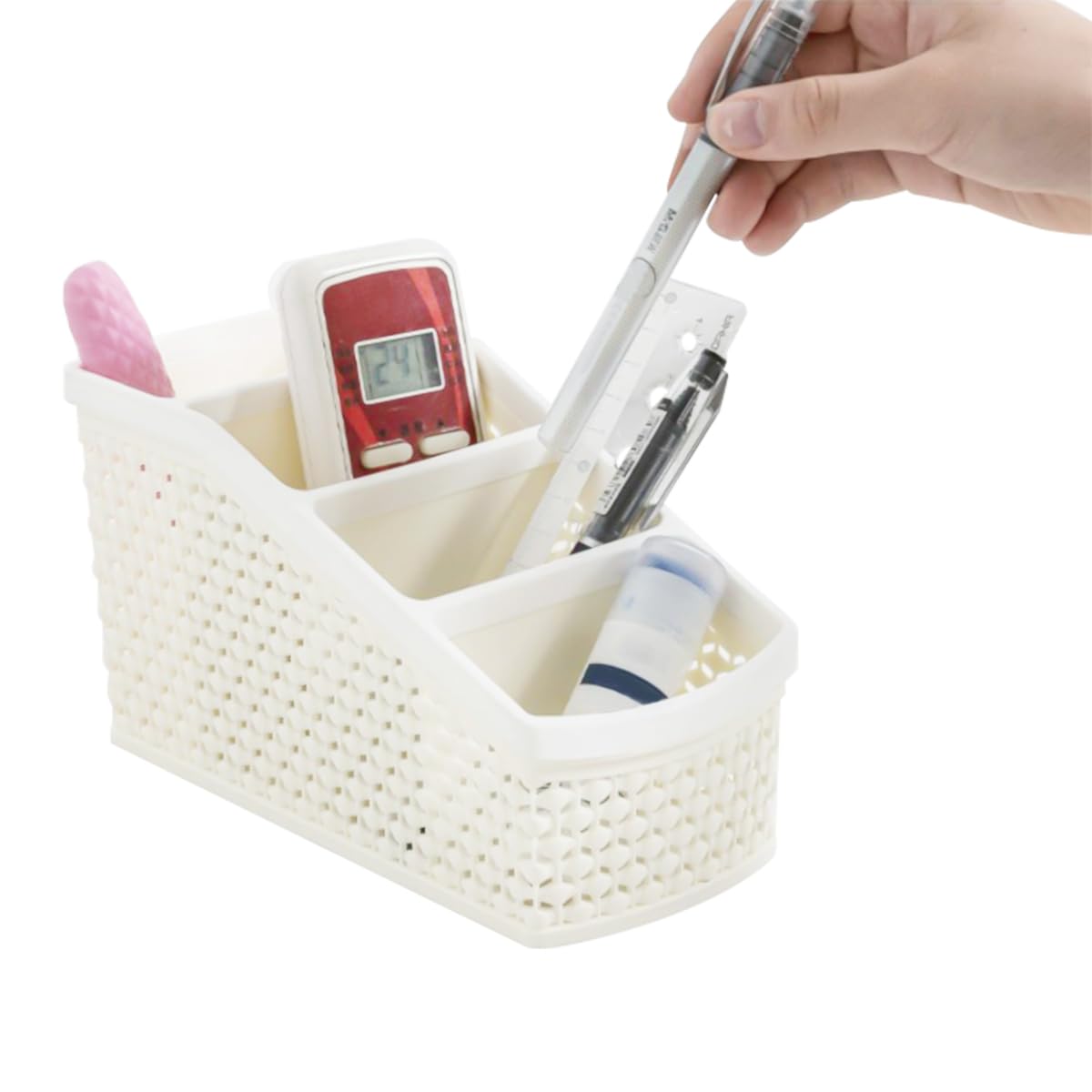 HASTHIP Remote Stand for Home with 4 Compartments and Hollow Woven Design 9.5x21x11cm | Plastic Organizer for Office and Vanity