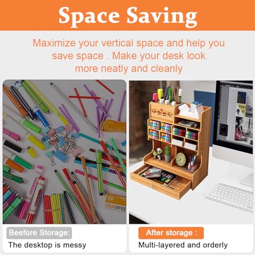 Climberty® Wooden Desk Organizer, Desktop Organizer Set with Drawer, Multifunctional Desktop Bookshelf for Office Supplies, Pen Holder for Kids Room, Desktop, Office, Reading Room