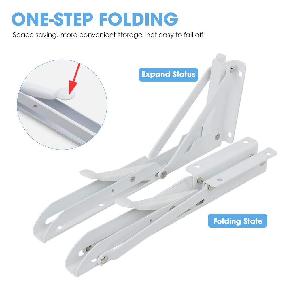 HASTHIP Foldable Shelf Bracket for Wall Shelves with 8 in Arms and Triangle Lock | White Steel 2 Pcs Set