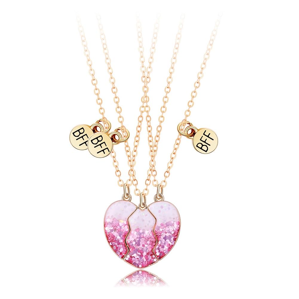 HASTHIP Best Friend Necklace for Girls featuring Trio Heart Pendants with Pink Sequin Design