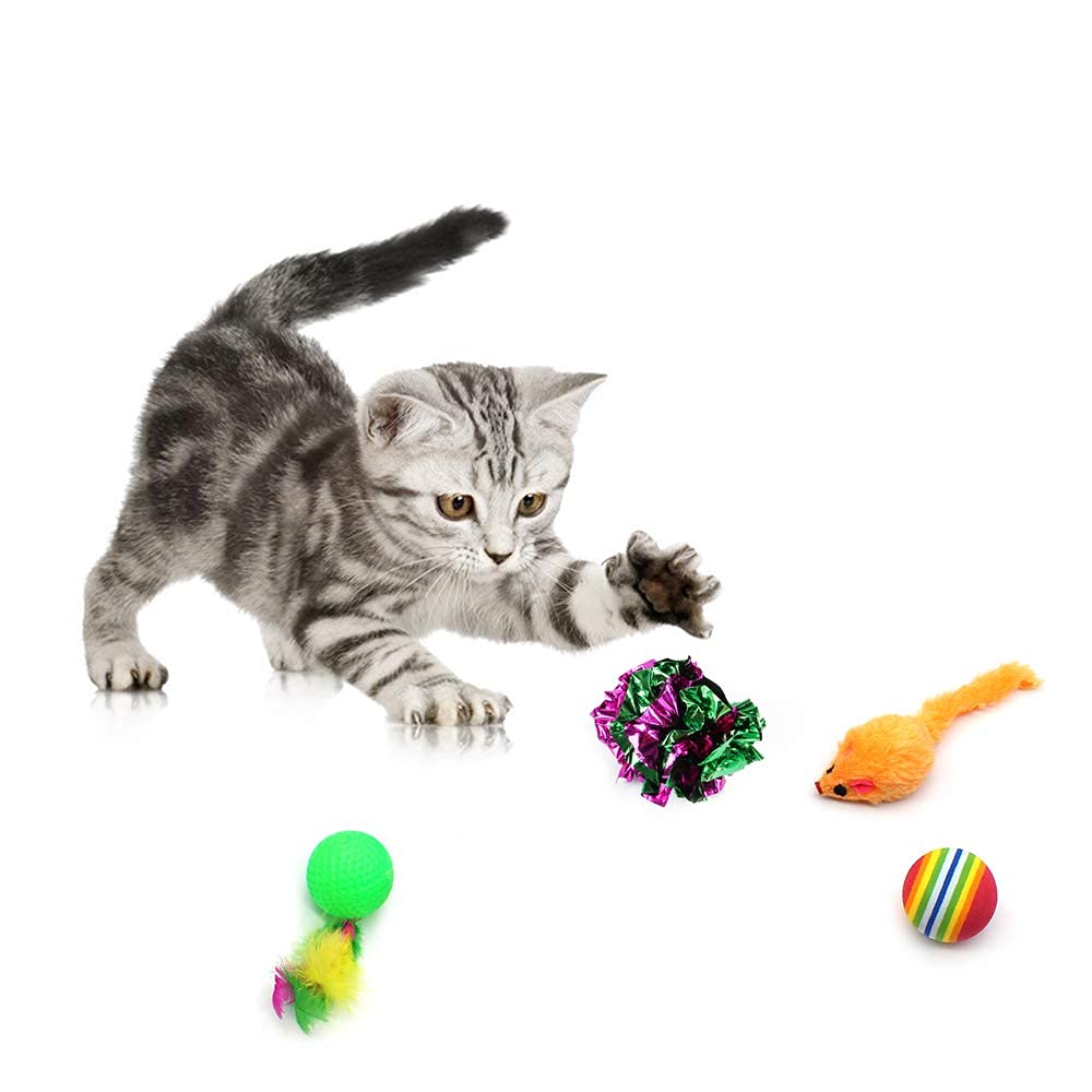 Qpets® Cat Toys Kitten Toys Cat Toy for Indoor Cats Cat Feathers Wand Cat Interactive Toys Set with Mouse Mice Balls and Bells Toys for Cats Kitty Kitten Cat Games and Toys (20 Pcs) (Red)