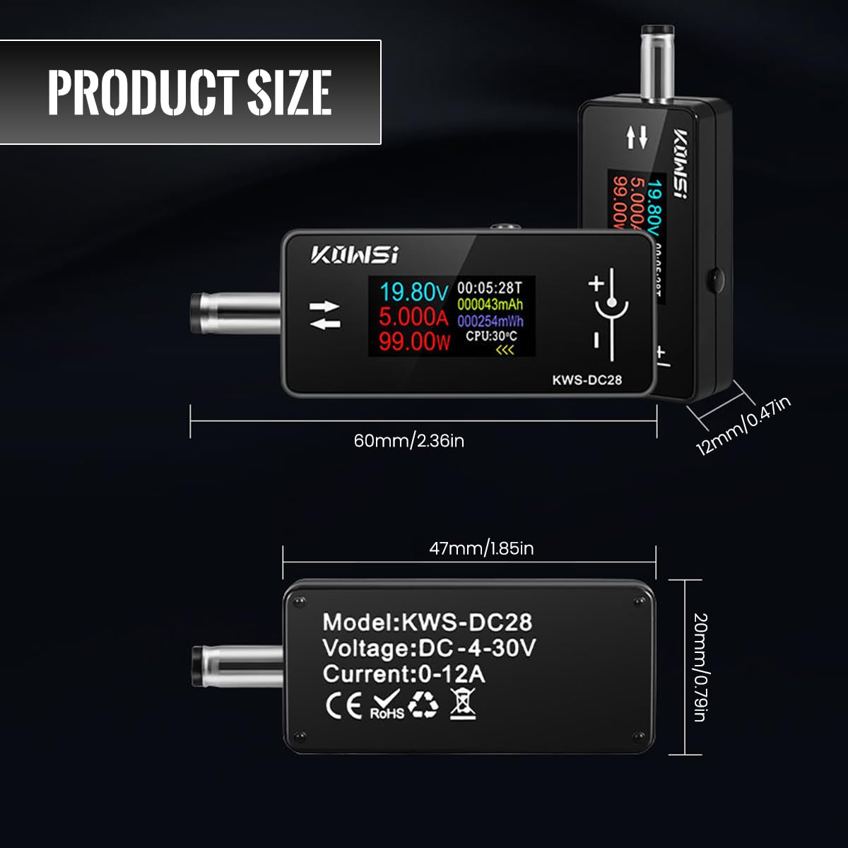 Serplex DC Voltage Meter for Electronic Devices featuring LCD Display and 0-12A 4-30V Range