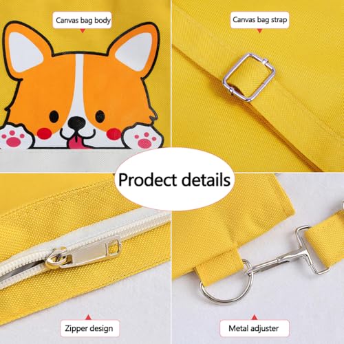 ZIBUYU® Akita Design Yellow Canvas Crossbody Tote Bag For Women, 36x33cm Large Travel Shoulder Purse With Cartoon Dog, Detachable Adjustable Straps, Lightweight Gift For Dog Lovers, Casual Daily Use
