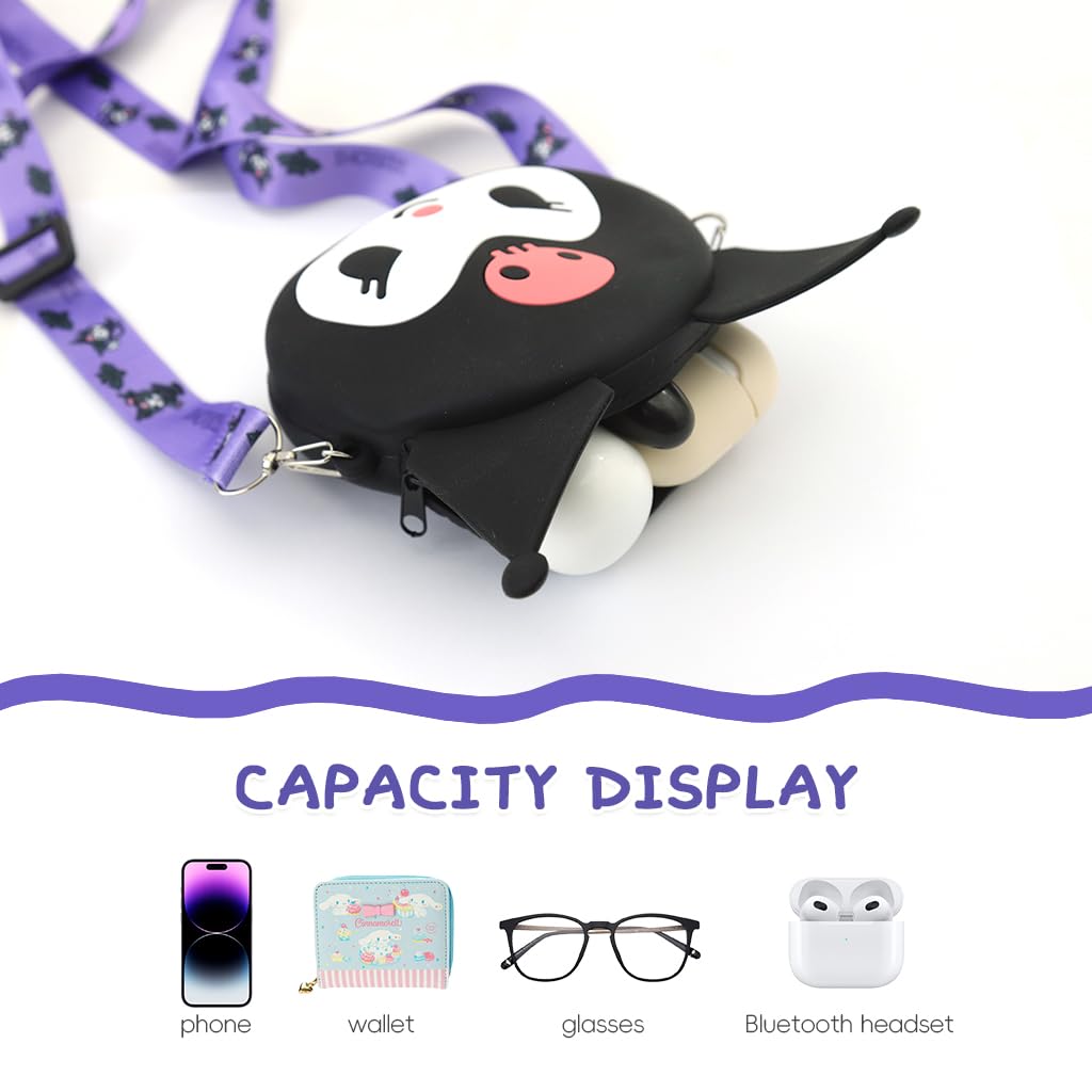 PALAY® Mini Earphone Bag Coin Bag Cartoon Kuromi Mini Coin Bag Silicone Earbud Bag Carry Bag with Detachable Shoulder Strap Cute Mini Coin Bag Mini Purse for Kids, Girls, Gift for Girls