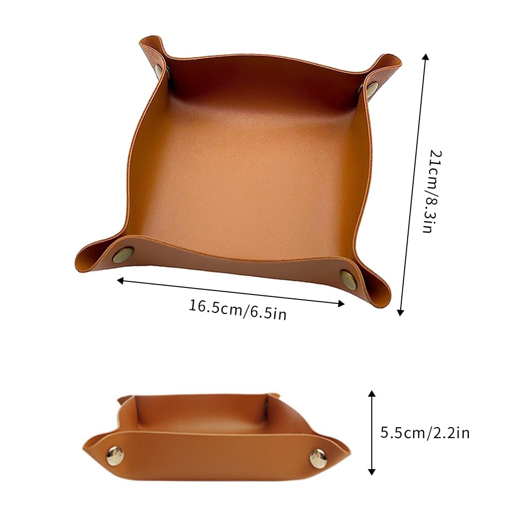 MAYCREATE Leather Valet Tray Organizer for Home and Office featuring Snap Button Corners | 3Pcs 9.8 in Brown PVC Leather Catchall