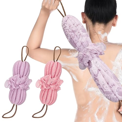 MAYCREATE® Bath Shower Loofah Sponge, 2 Pack Long Stretch Back Sponge Exfoliating with Rope Handles, Back Scrubber for Shower Body Scrub Stretch Loofah for Women and Men (Purple+Pink)