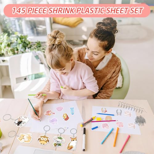 PATPAT® Shrink Paper Sheet Kit with 240PCS Multi Shrinky Art Paper 100 PCS Metal Hooks Keyrings DIY Cartoon Keychain Bag Charms Accessories Heat Craft for Kids Adults