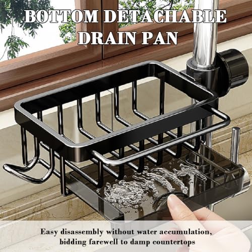 HASTHIP® Kitchen Sink Organizer Dish Sponge Holder for Sink Faucet Drain Rack with Pull-out Drip Tray Kitchen Accessories Holder Metal Wire Aluminum Faucet Organzier Storage Rack Mop Holder