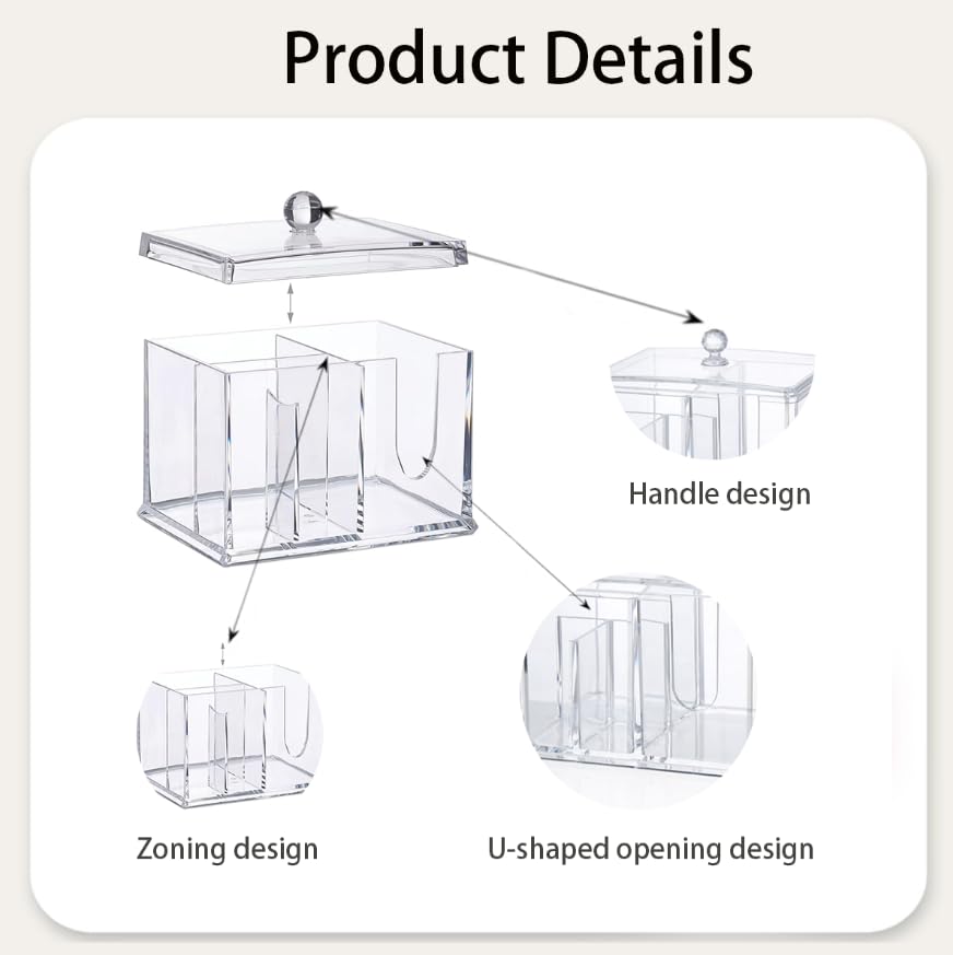 Zibuyu Acrylic Cotton Swab Storage Box for Bathroom with 4 Compartments 13x15x11 cm | Clear Dustproof Organizer with Lid