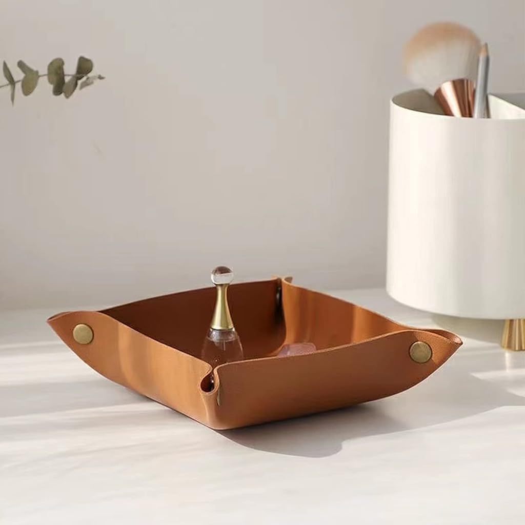 MAYCREATE Leather Valet Tray Organizer for Home and Office featuring Snap Button Corners | 3Pcs 9.8 in Brown PVC Leather Catchall