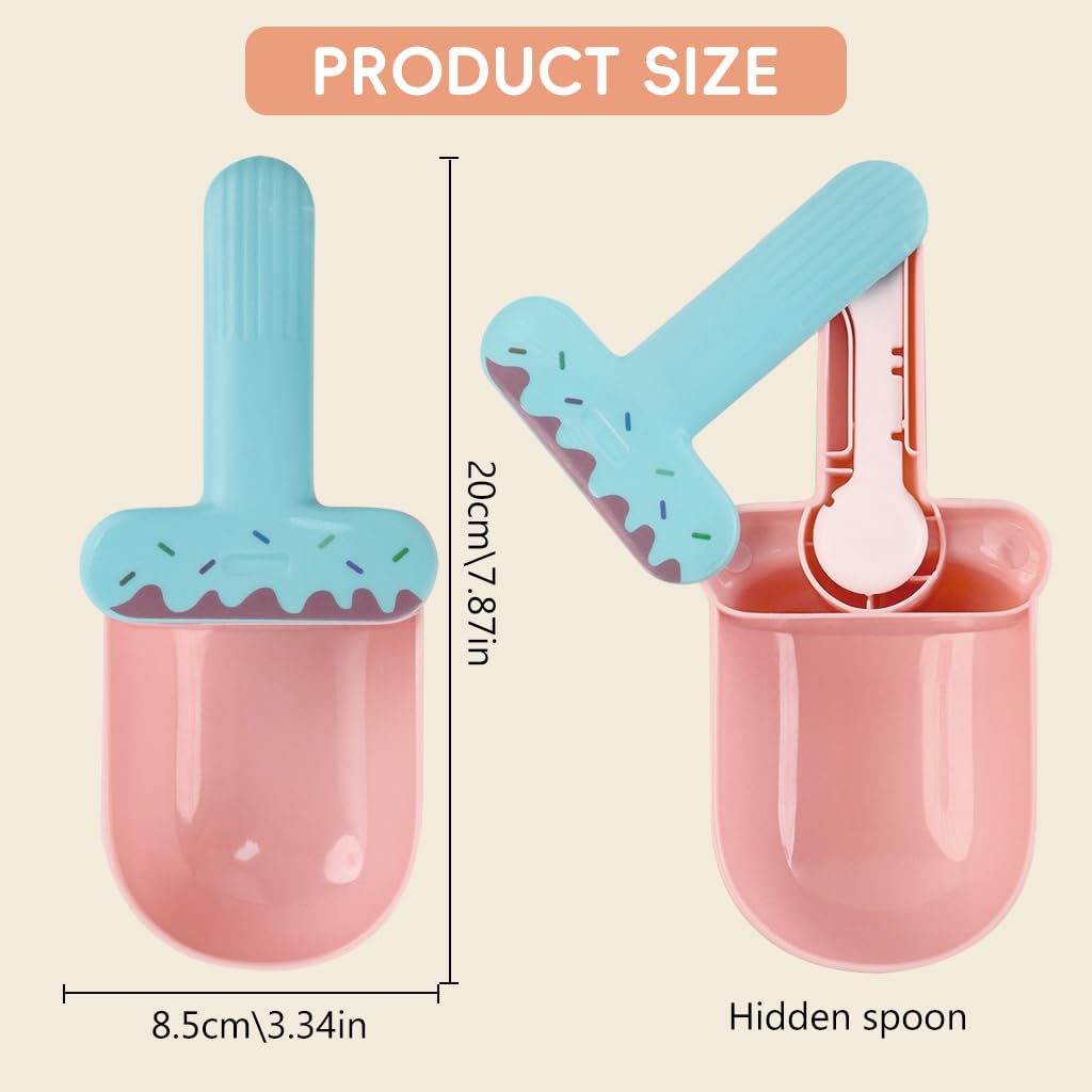 Qpets Dog Food Scoop Set for Cats and Dogs with Sealing Clip Handle and Canning Spoon | Ice Cream Color