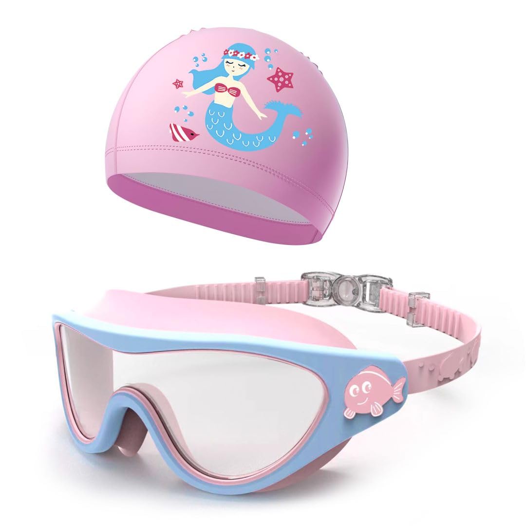 Proberos Girls Swim Cap & Swimming Goggles HD Anti-Fog Swimming Goggles Waterproof Goggles with Intergrated Ear Plugs Cartoon Unicorn Silicone Swim Cap Swimming Gear Set for Girls Age 6-14