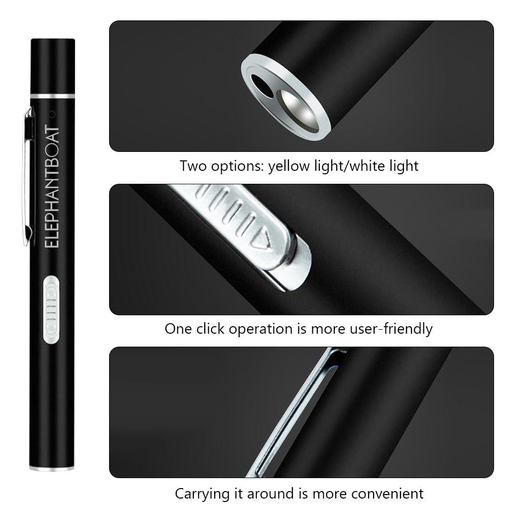 ELEPHANTBOAT® Pen Torch for Doctors Nurses, Light Dual Light Yellow White Light Beam Pen Light for Checking Oral, Pupil, Eyes, Ears, Nasal Cavity USB Rechargeable Pen Light (Black)