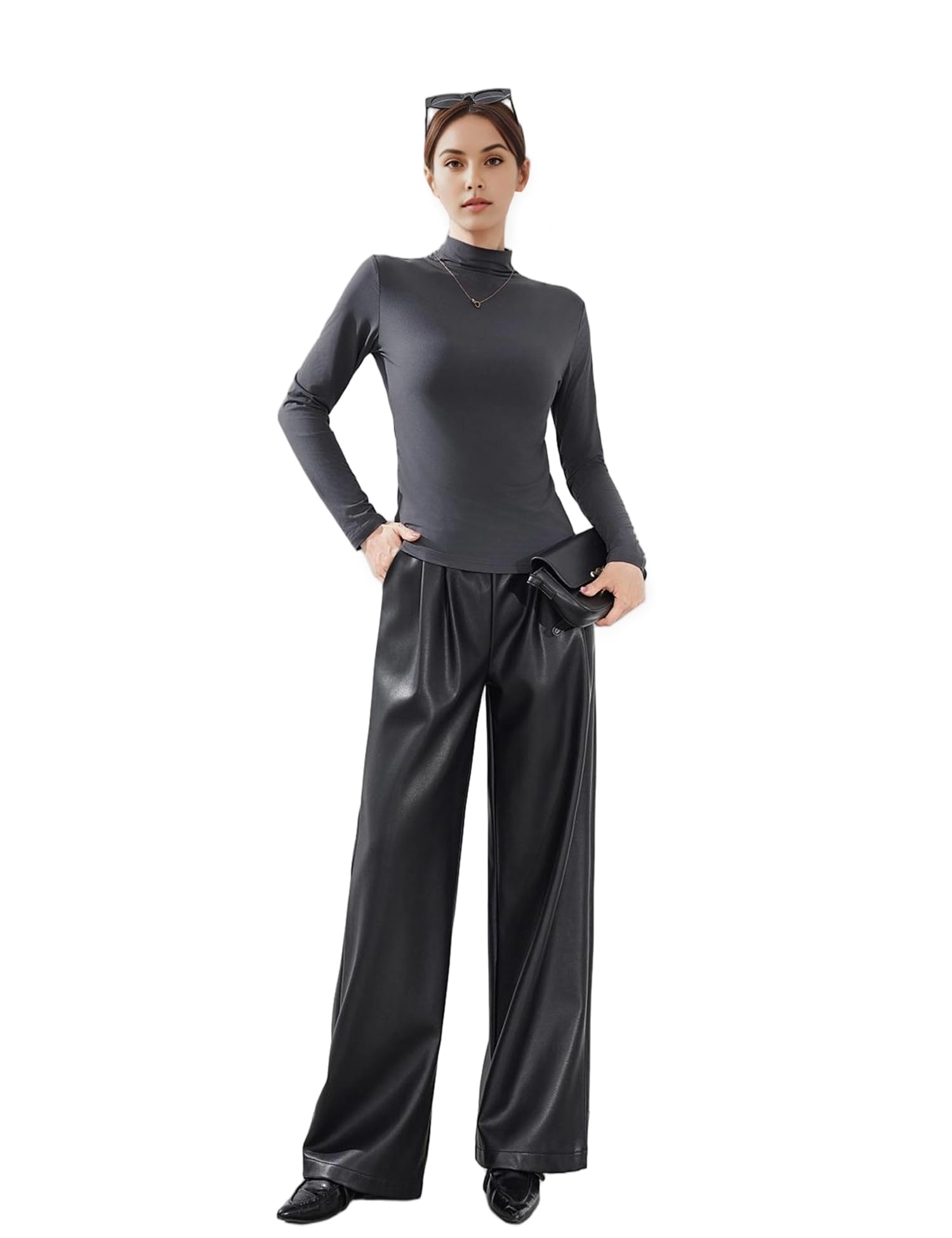 Venzina Women’s Long Sleeve Mock Neck Top for Layering with Stretch Fabric | Grey L