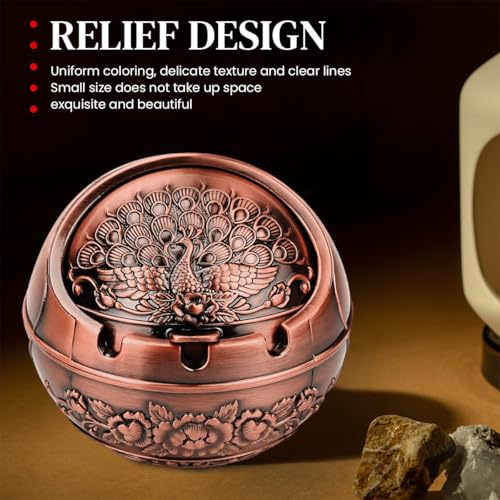 HASTHIP® Peacock Ashtray Retro Zinc Alloy with Closing Lid Decorative Embossing 3 Cigarette Holder Grooves Home Gift Car 10x10x9cm 2 PCS