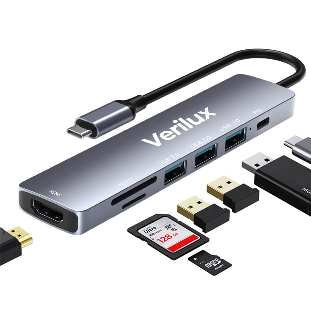 Verilux® USB C Hub Multiport Adapter 7 in 1 Aluminum Type C Hub with 4K HDMI Output, USB 2.0/3.0 Ports, SD/Micro SD Card Reader, PD100W Compatible for MacBook Pro/ Air M1, XPS, Surface Pro and More